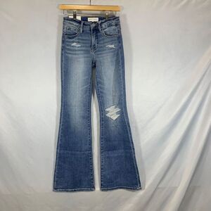 Risen Los Angeles Women's Tummy Control Mid Rise Flare Jeans Blue Denim